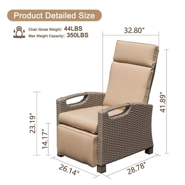 Brown Adjustable Wicker Frame Outdoor Patio Recliner with Extendable Side Table, Retractable Footrest and Beige Cushion