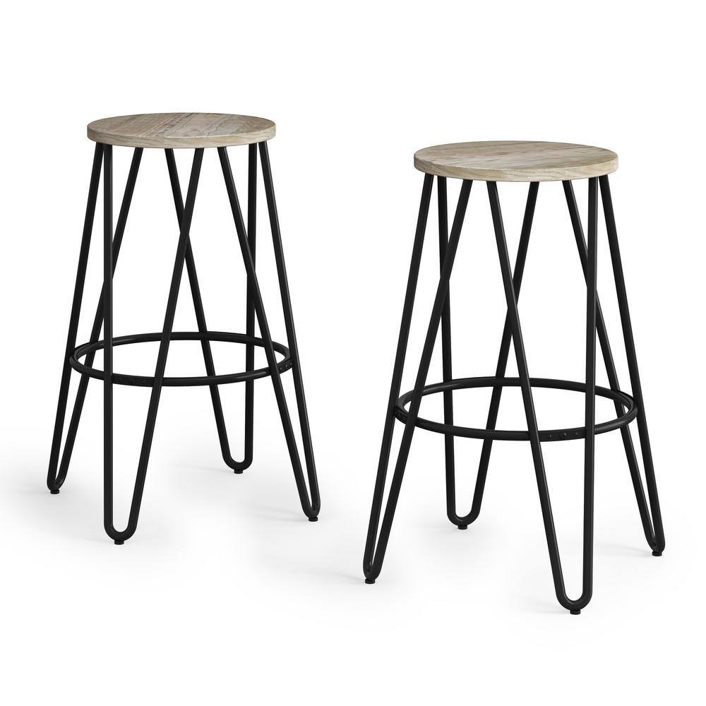 Simeon 26" Natural Wood and Black Metal Backless Counter Stools