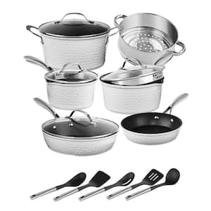 Charleston Collection 15-Piece Aluminum Hammered Nonstick Cookware Set with Utensils in White