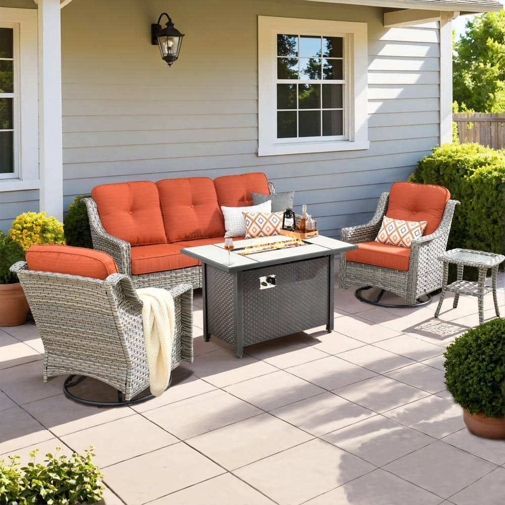Verona 5-Piece Wicker Outdoor Patio Conversation Sofa Furniture Set with a Metal Fire Pit and Orange Red Cushions price history on PriceWatchPro