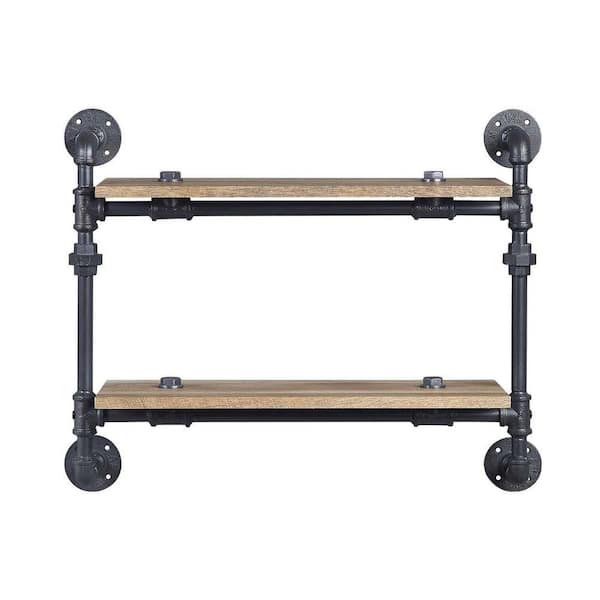 Wall Mounted Oak+Black 28 in. MDF Decorative Rectangular Shelf, Plant Stand with 2 Tier Open Shelves and Metal Framed