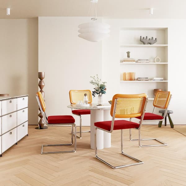 Sudzendf Metal Outdoor Dining Chair with Rose Cushions, Velvet Rattan Dining Room Chairs with Metal Chrome Legs (2-Pack)