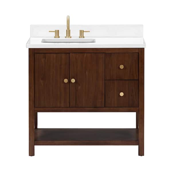 Zoe 37 in. Single Sink Walnut Bath Vanity with White Quartz Top
