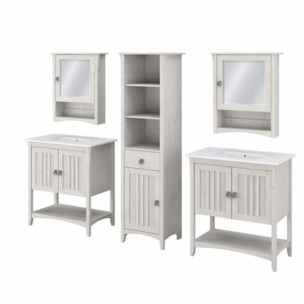 Salinas 31.89 in. W Double Sink Bath Vanity in Linen White Oak with White Wood Top and Mirror