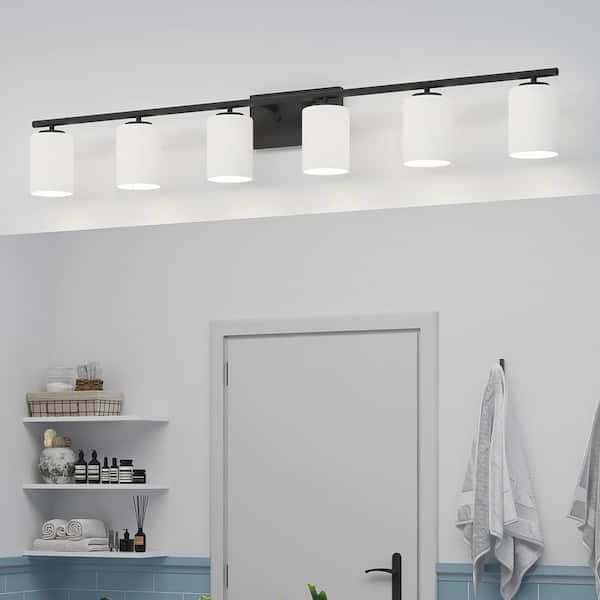 Replay 48 in. 6-Light Black with Etched White Glass Shades Modern Bath Vanity Light for Bathroom