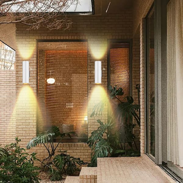 11.5 in. White Aluminum Modern Dusk to Dawn Outdoor Cylinder LED Wall Lantern Scone (Set of 2)