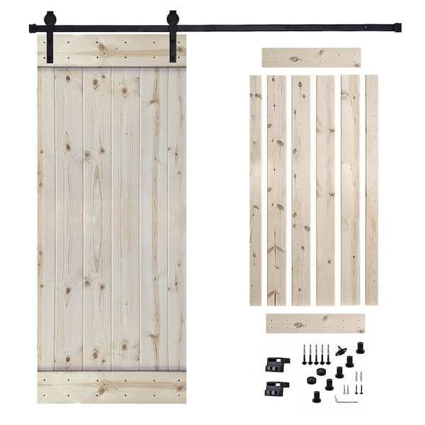 Akicon 30 in. x 84 in. Unfinished Painted Wood Sliding Door with Hardware Kit, Pre-Drilled Ready to Assemble