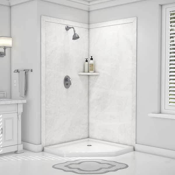 FlexStone Splendor 40 in. x 40 in. x 80 in. 7-Piece Easy up Adhesive Corner Shower Wall Surround in Dune