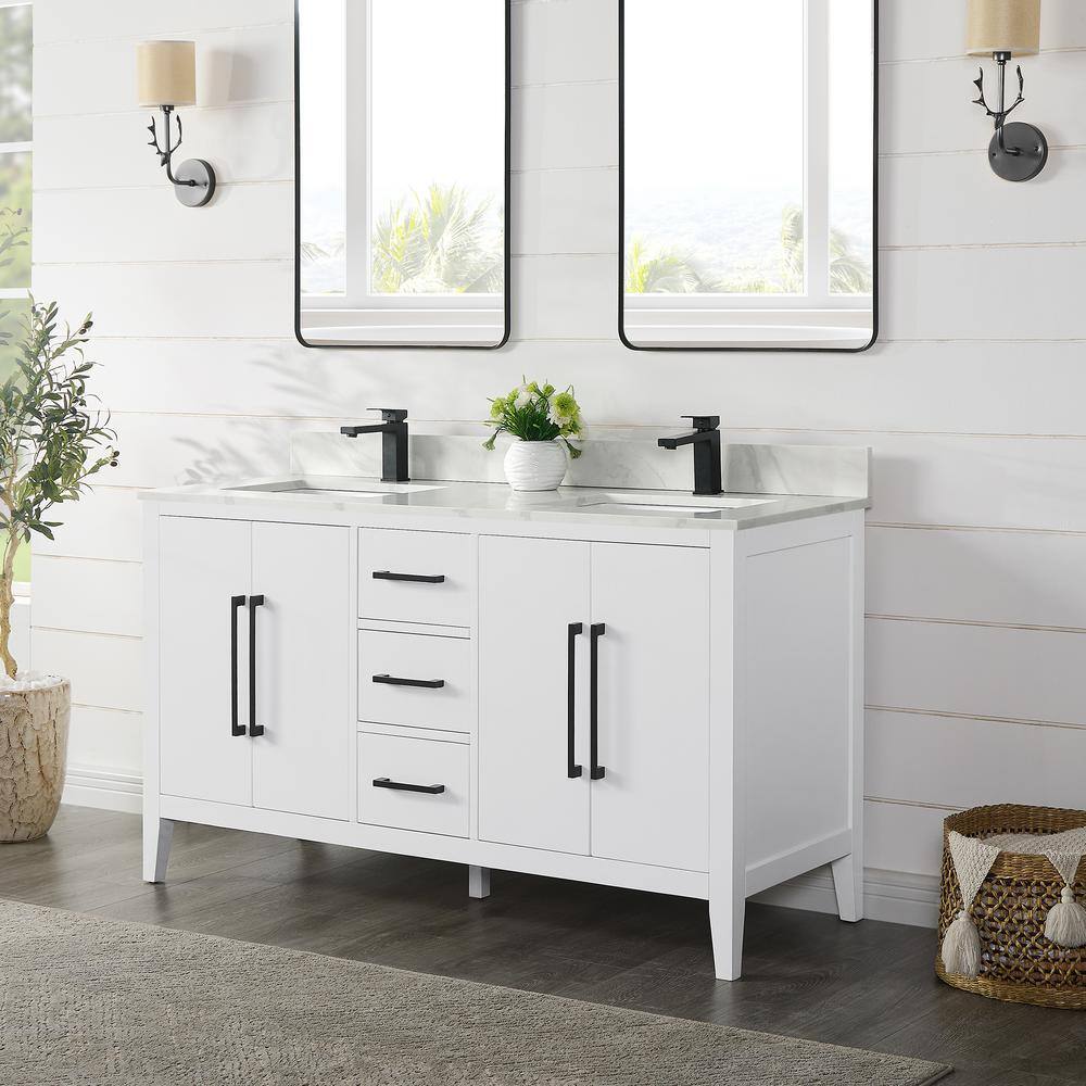 Laurel 60" White Double Vanity with Calacatta Quartz Top