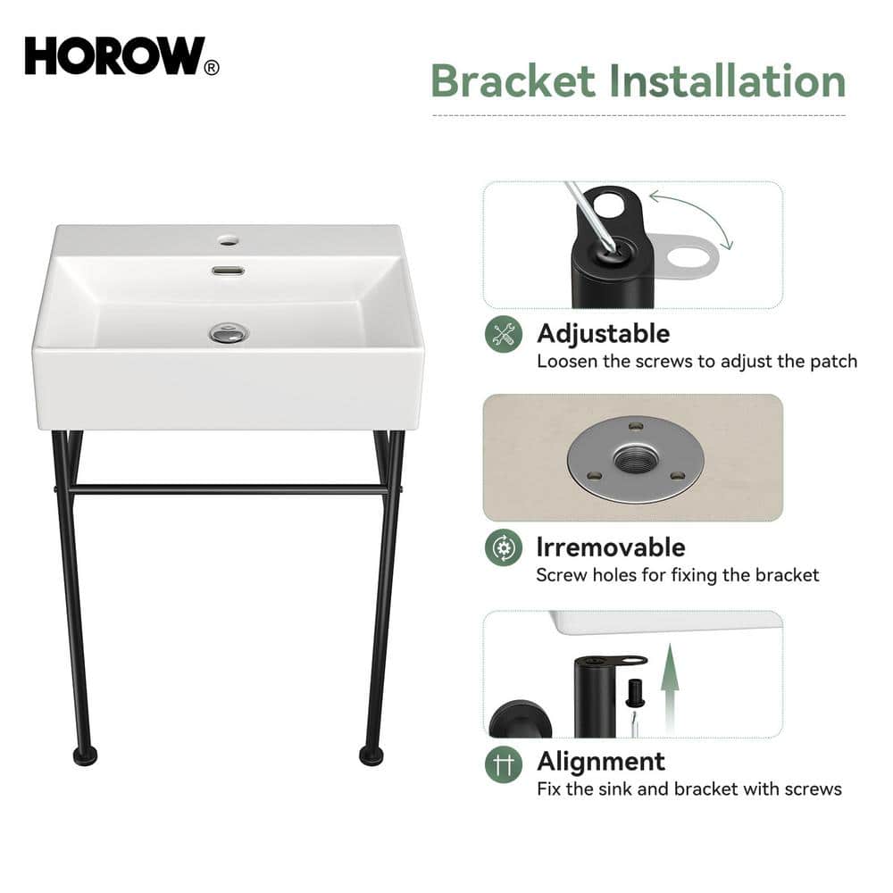 24" White Ceramic Wall-Mount Bathroom Console Sink with Black Legs