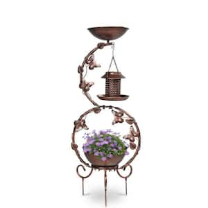 Copper Brown Metal Solar Lighted Pedestal Platform Feeder 2 lbs. Capacity, Decorative Bird Bath with Planter Garden Yard