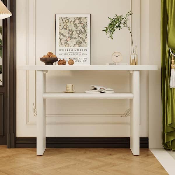 Qualler 47.8 in. Gray Wash Specialty MDF Console Table with Storage Shelf and Rounded Edge Top