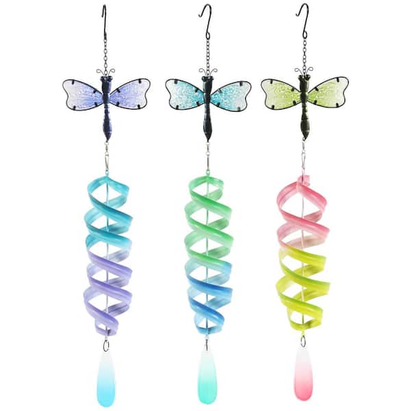 Litton Lane 25 in. Large Multi Colored Metal Dragonfly Swirl Wind Spinner Windchime with Dangling Charms (3-Pack)