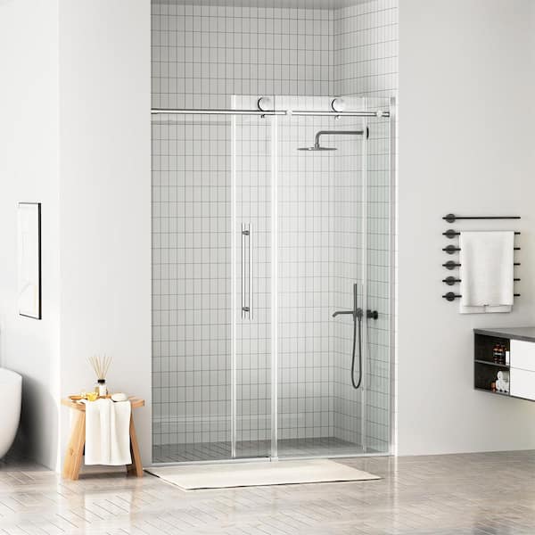 54 in. W x 75 in. H Sliding Frameless Shower Door in Brushed Nickel with Tempered Glass