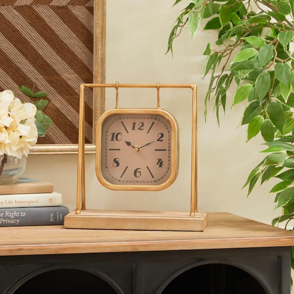 10 in. x 11 in. Gold Wood Pendulum Analog Clock with Wood Base