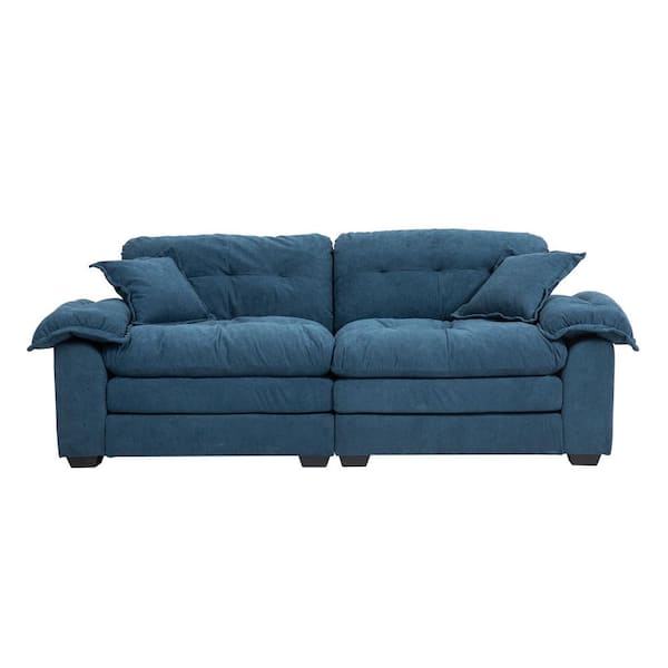 anpport Modern 84 in. W Blue Chenille 2-Seater Loveseat with 2-Pillows