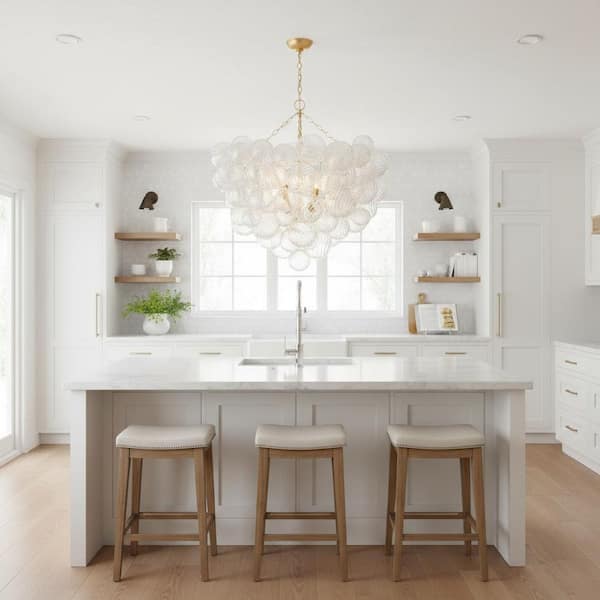 1-Light Gold Bubble Ball Glass Integrated LED Chandelier, RGBCW Dimmable Blown Glass Cluster for Dining Table, Bedroom