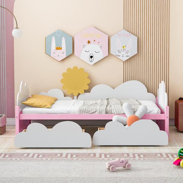 Nestfair White Wood Frame Twin Size Platform Bed with Sunflower Decor and 2-Drawers
