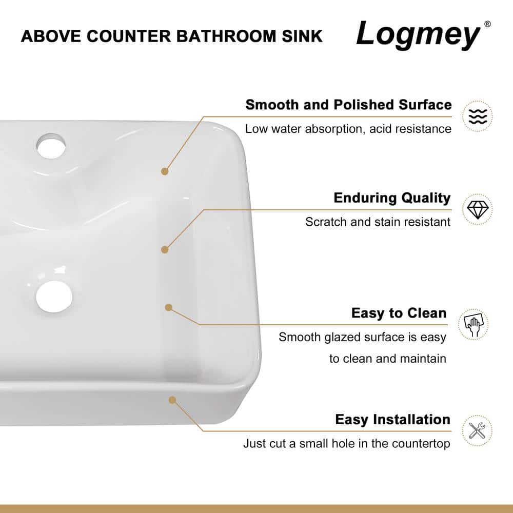 19'' White Gloss Rectangular Ceramic Vessel Sink
