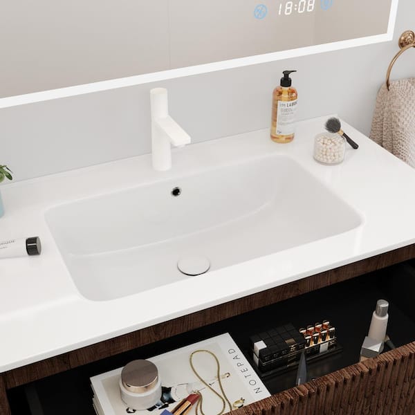 FAMYYT 36 in. W Floating Bathroom Vanity in Brown Walnut
