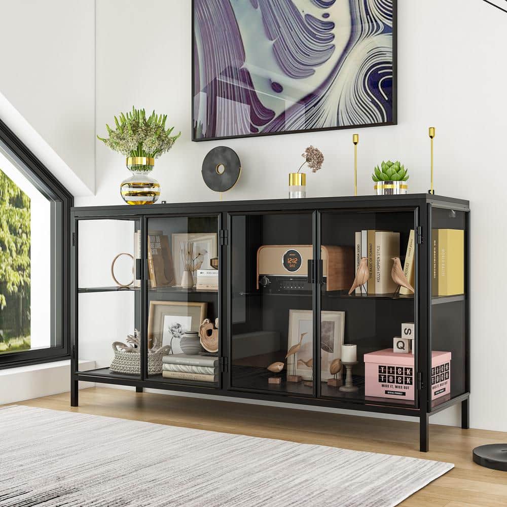 Black Wood Accent Cabinet with Glass Doors and LED Lighting