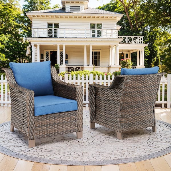 Opohoro SlideArm Metal and Brown Wicker Outdoor Lounge Chair with Olefin Navy Blue Cushions (2-Pack)