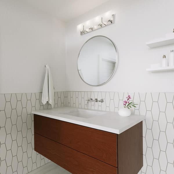 Studio Syll 26 in. 4 Light Chrome Vanity Light with Clear Highlighted Satin Etched Glass Shades