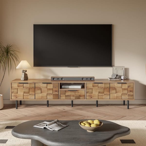 Natural 78 in. Wood TV Stand Fits TVs up to 65 to 85 in. with Storage Cabinets, Drawer and Open shelf