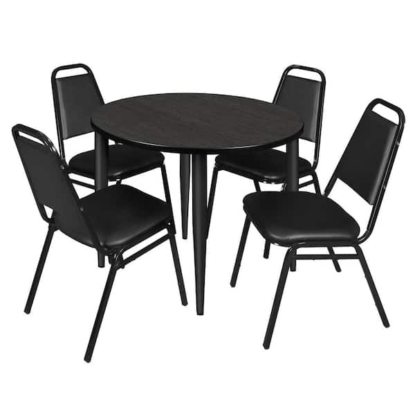 Regency Trueno 42 in. Round Ash Grey and Black Wood Breakroom Table and 4-Black Restaurant Stack Chairs (Seats 4)