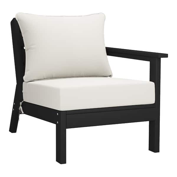 Birchwood Outdoor Patio Deep Seating Right Facing Arm HDPE Lounge Chair in Black with White Cushions