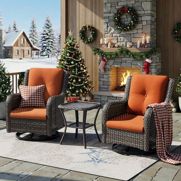 3-Piece Wicker Swivel Outdoor Rocking Chairs Patio Conversation Set with Orange Cushions