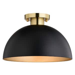 Devon 12.75 in. W Matte Black and Gold Satin Brass LED Compatible Mid-Century Modern Semi Flush Mount Ceiling Light