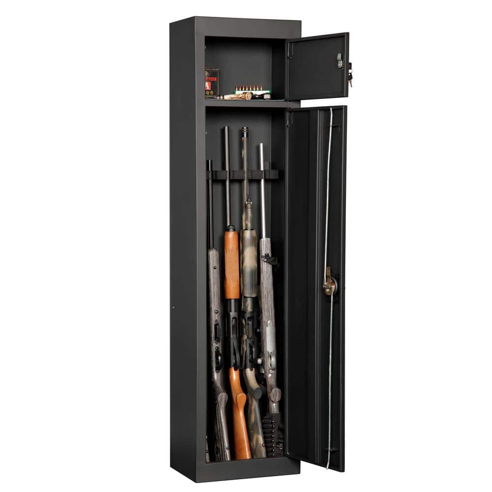 Black Metal 5-Rifle Locking Gun Storage Cabinet with Pistol Compartment