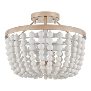 Cayman 13 in. 2-Light White and Faux Wood Beaded Semi-Flush Mount
