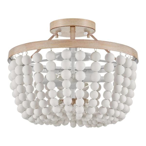 Cayman 13 in. 2-Light White and Faux Wood Beaded Semi-Flush Mount Ceiling Light Fixture with Beaded Shade