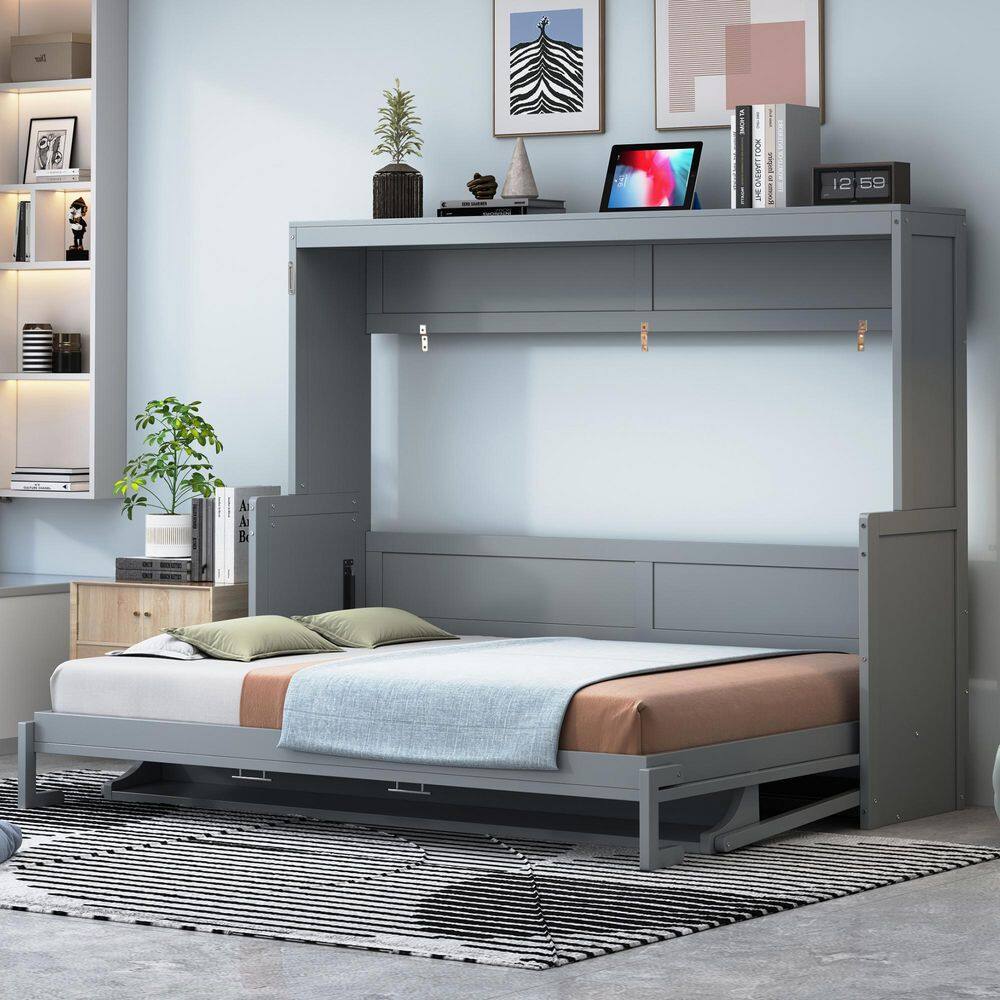 White Wood Frame Full Size Murphy Bed with a Storage Shelf - thumbnail 5