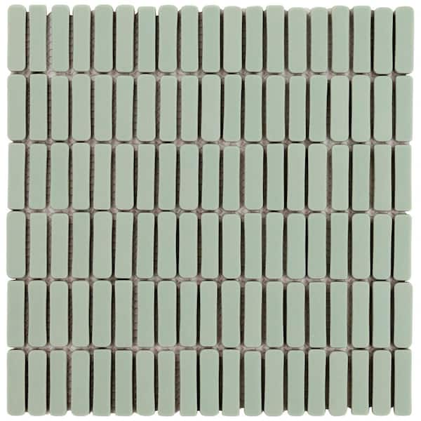 Nova Sage Green 4 in. x 0.23 in. Mini Brick Frosted Glass Mosaic Floor and Wall Tile Sample