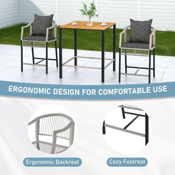 3-Piece Metal Patio Conversation Sets with Cushions, All-Weather Grey Outdoor Conversation Table and Chairs