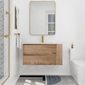 35.6 in. W x 18.10 in. D x 19.40 in. H Single Sink Wall Mount Bath Vanity in Imitative Oak with White Resin Top