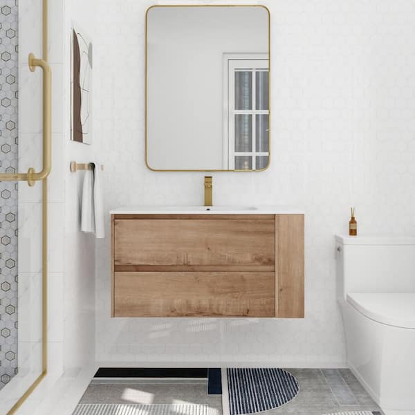 35.6 in. W x 18.10 in. D x 19.40 in. H Single Sink Wall Mount Bath Vanity in Imitative Oak with White Ceramic Top