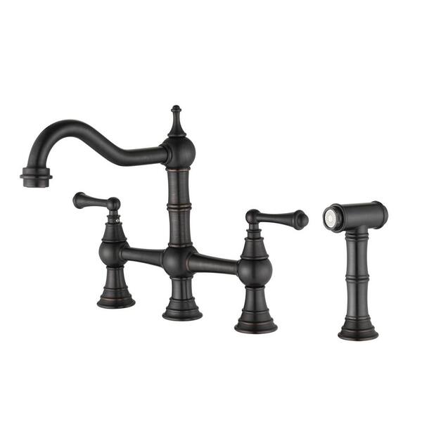 Unbranded Bridge Double Handles Pull Out Side Sprayer Kitchen Faucet Deckplate Included in Oil-Rubbed Bronze