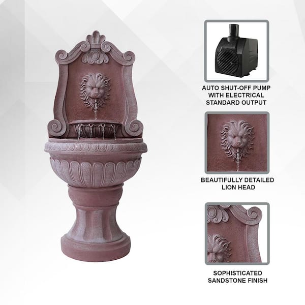 52.4 in. Sandstone Lion Head Floor Fountain, 2-Tier Outdoor Water Feature, Durable Resin Construction