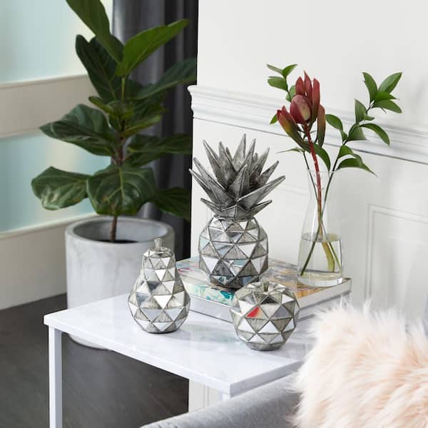 Silver Polystone Decorative Fruit Sculpture with Mirror Accents (Set of 3)