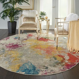 Celestial Ivory/Multicolor 8 ft. x 8 ft. Abstract Art Deco Round Area Rug