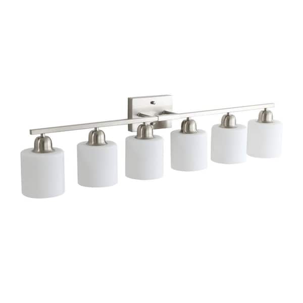 Modern 38 in. 6-Light Chrome Vanity Light Wall Sconce with Milky White Frosted Glass Shades