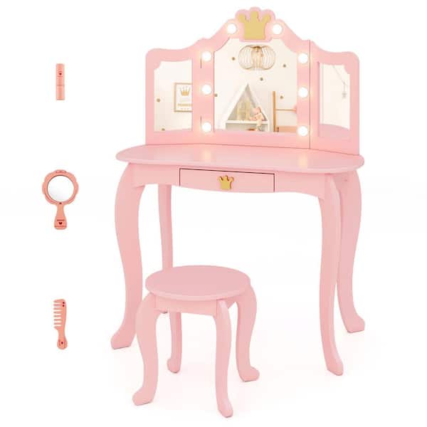 Costway Kids Vanity Set Princess Vanity Table & Chair Set with Lighted Mirror Pink