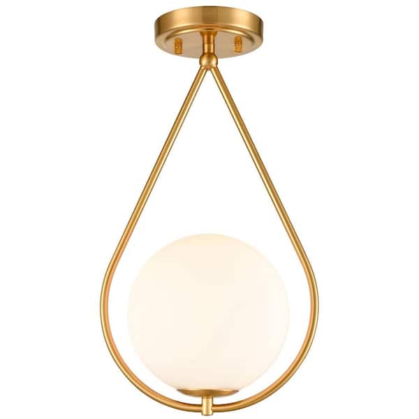 CLAXY 15.07 in. 1-Light Gold Modern Semi-Flush Mount with Frosted Glass Shade and No Bulbs Included 1-Pack