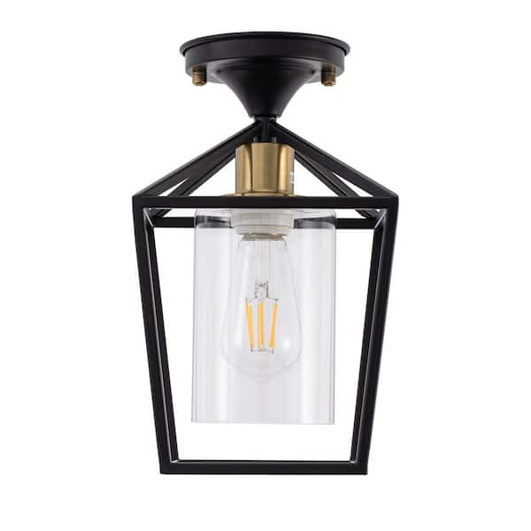 7.09 in. 1-Light Black and Gold Semi- Flush Mount Lighting 1-Pack