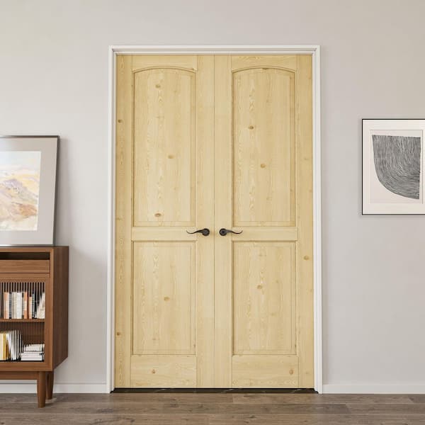 48 in. x 80 in. 2-Panel Universal Solid Core Unfinished Pine Wood Double Prehung Interior Door with Quick Assemble Jamb