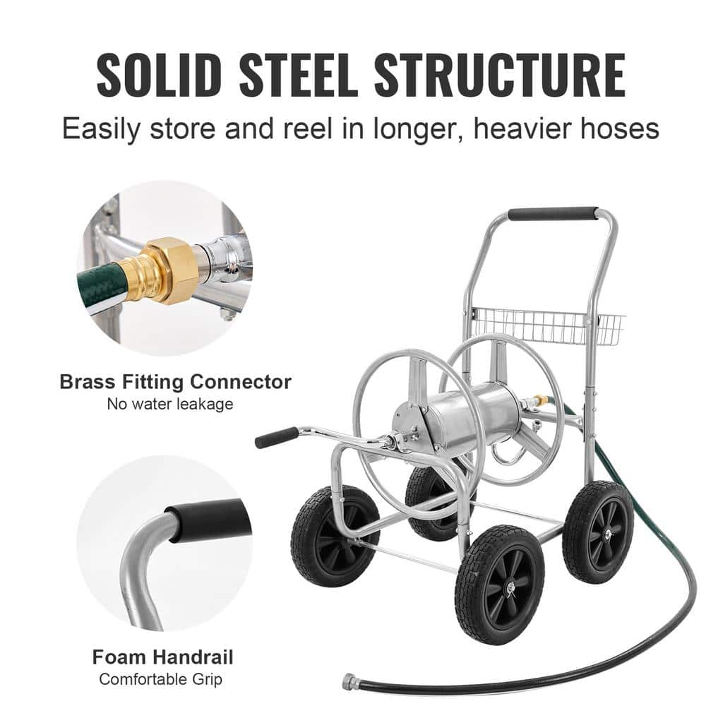 Heavy Duty Silver Steel Garden Hose Reel Cart with Storage Basket